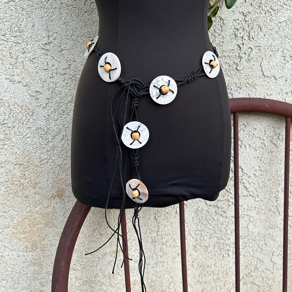 Shell & Wood Bead Macrame Fringe Tie Waist Belt, Festival Boho